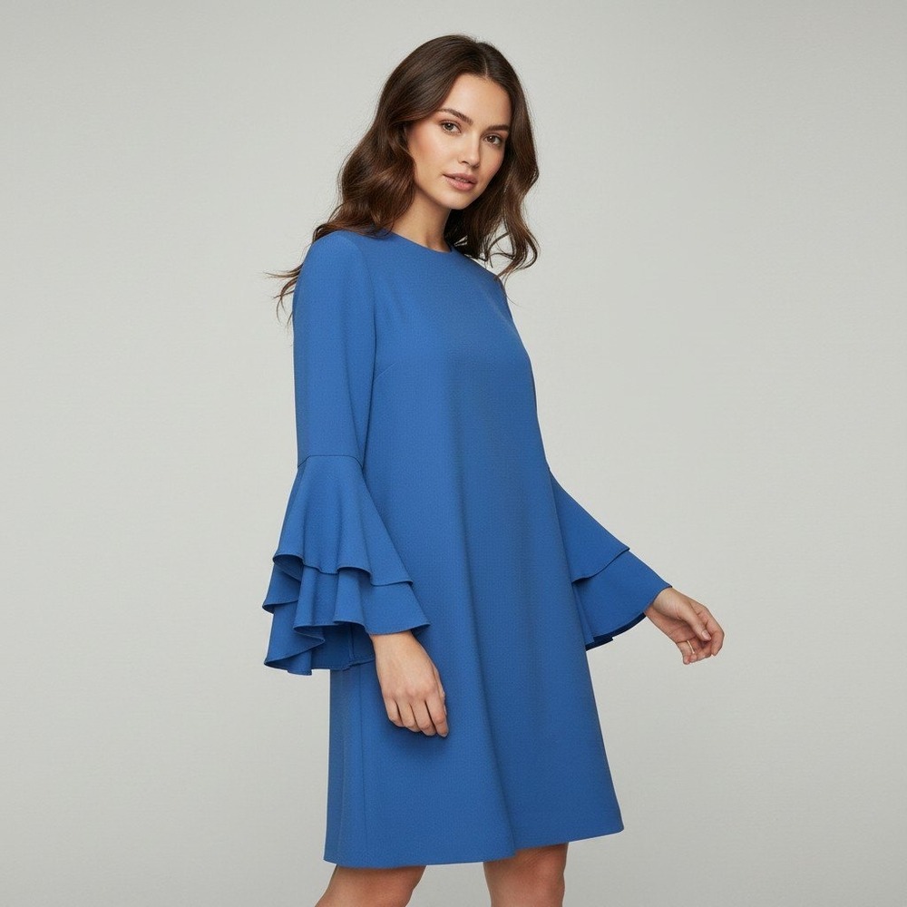 Alexis Blue Tiered Ruffle Bell Sleeve Shift Mini Dress XS Keyhole Back Viscose